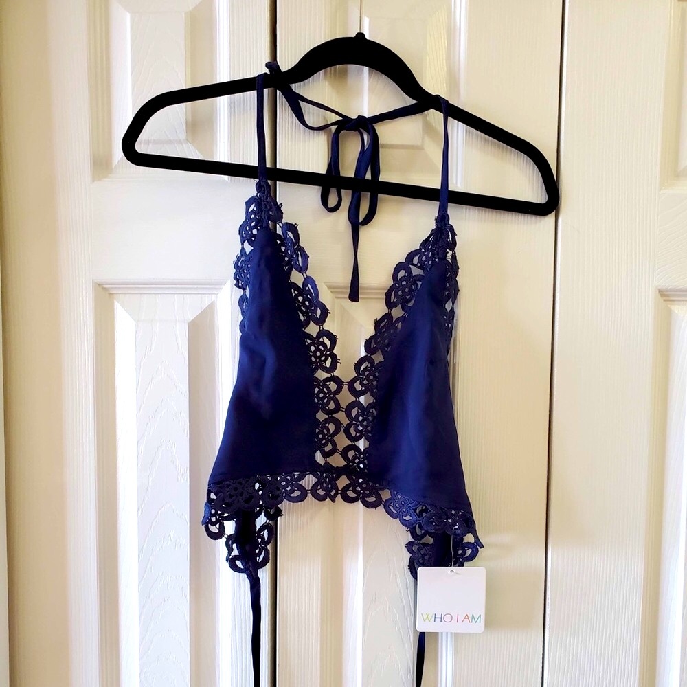 Navy blue lace tie crop top